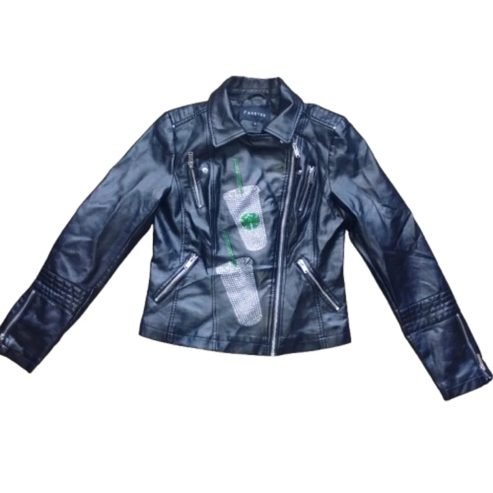 Custom Starbucks lover faux leather jacket size small black